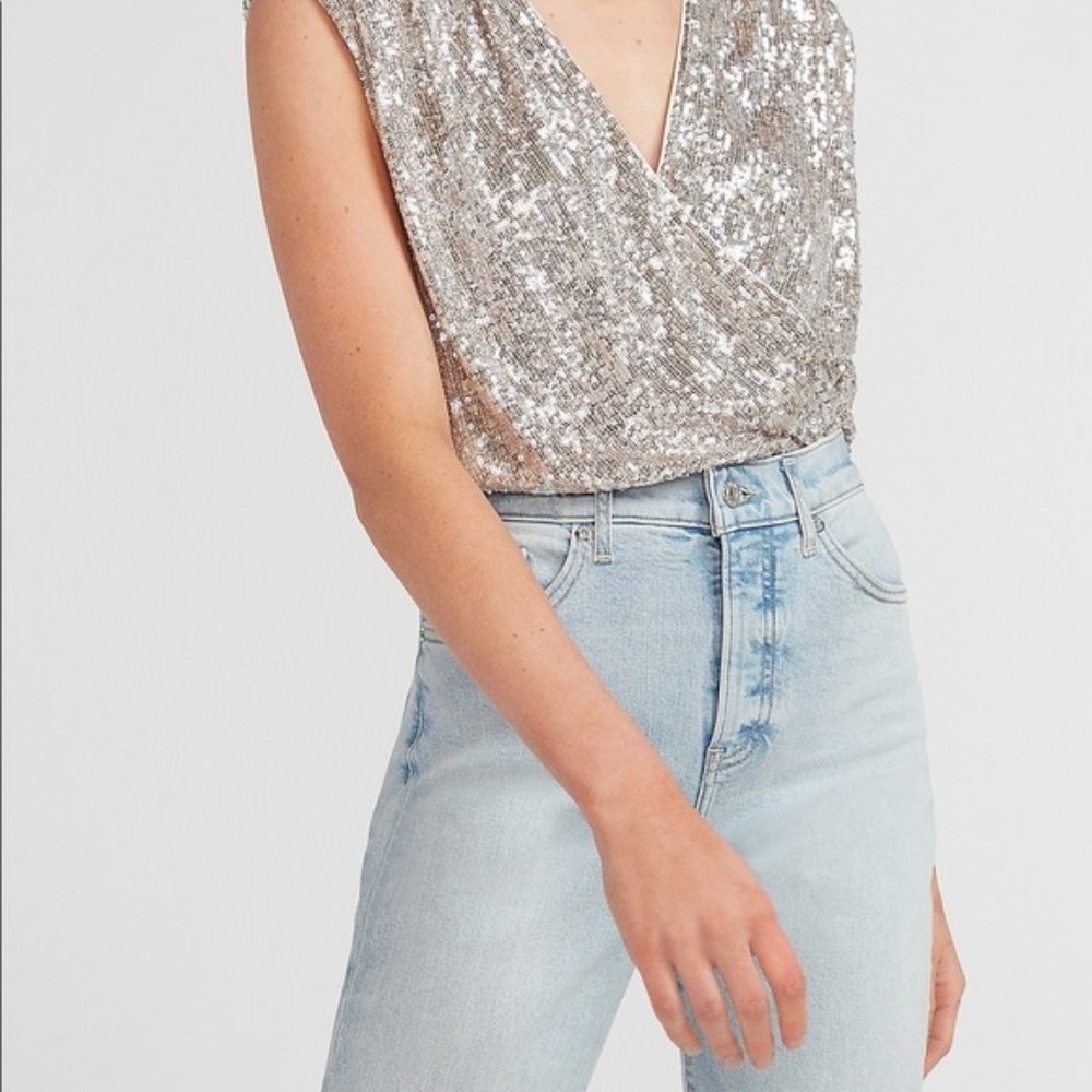 Express Sequin Wrap Front Thong Bodysuit L NWT